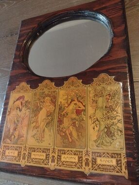 Vintage Art Nouveau Wooden Mirror with Four Seasons Panels, Handmade